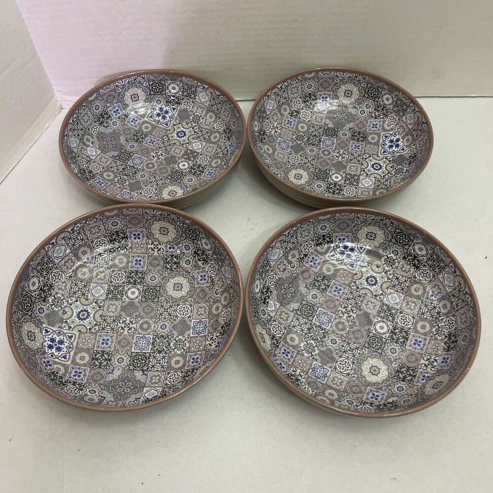 Melange Moroccan Tiles  Pasta Soup Bowls 100% Melamine Set of 4 Blue Grey